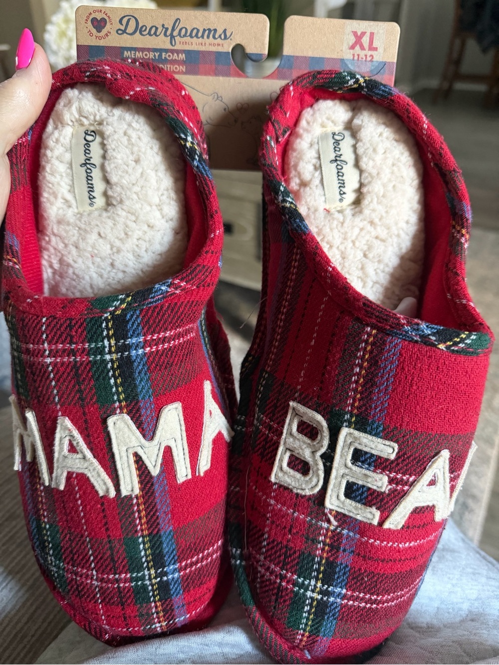 Dearforms Memory Foam Red Plaid 'Mama Bear' Slip-On Slippers Sz XL/11-12. New!